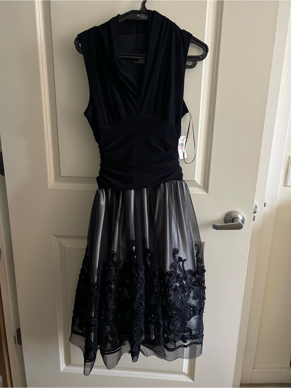 SLNY Black Sleeveless V-Neck Embroidered Tulle Skirt Dress